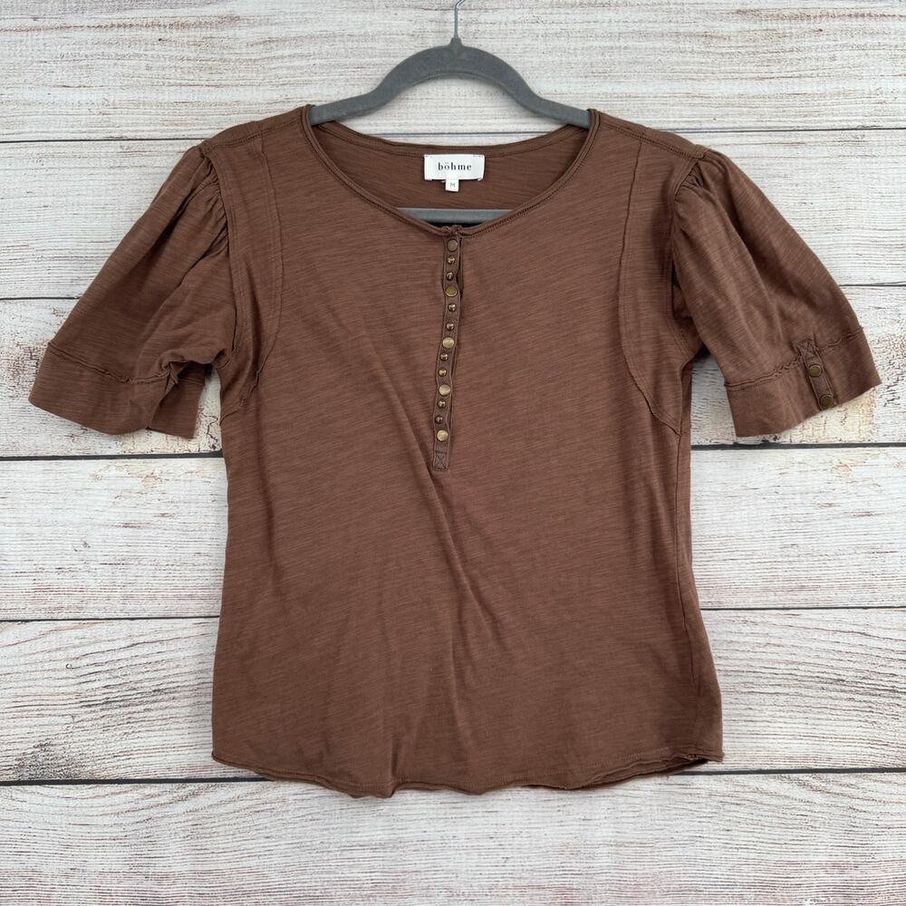 Bohme 1/2‎ Snap Puffed Sleeve Blouse Womens Medium Brown Metal Snaps